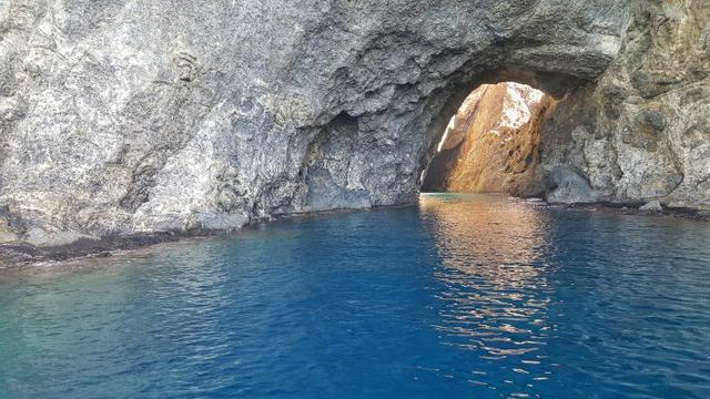 Sunlight filters through the holes in the reef rocks.