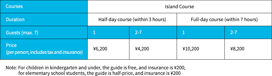 Courses:Island Course Duration:Half-day course (within 3 hours) Guests (max. 7) Price (per person; includes tax and insurance): 1 ¥6,200 2-7 ¥4,200 Duration:Full-day course (within 7 hours) Guests (max. 7) Price (per person; includes tax and insurance):1 ¥10,200 2+7 ¥8,200