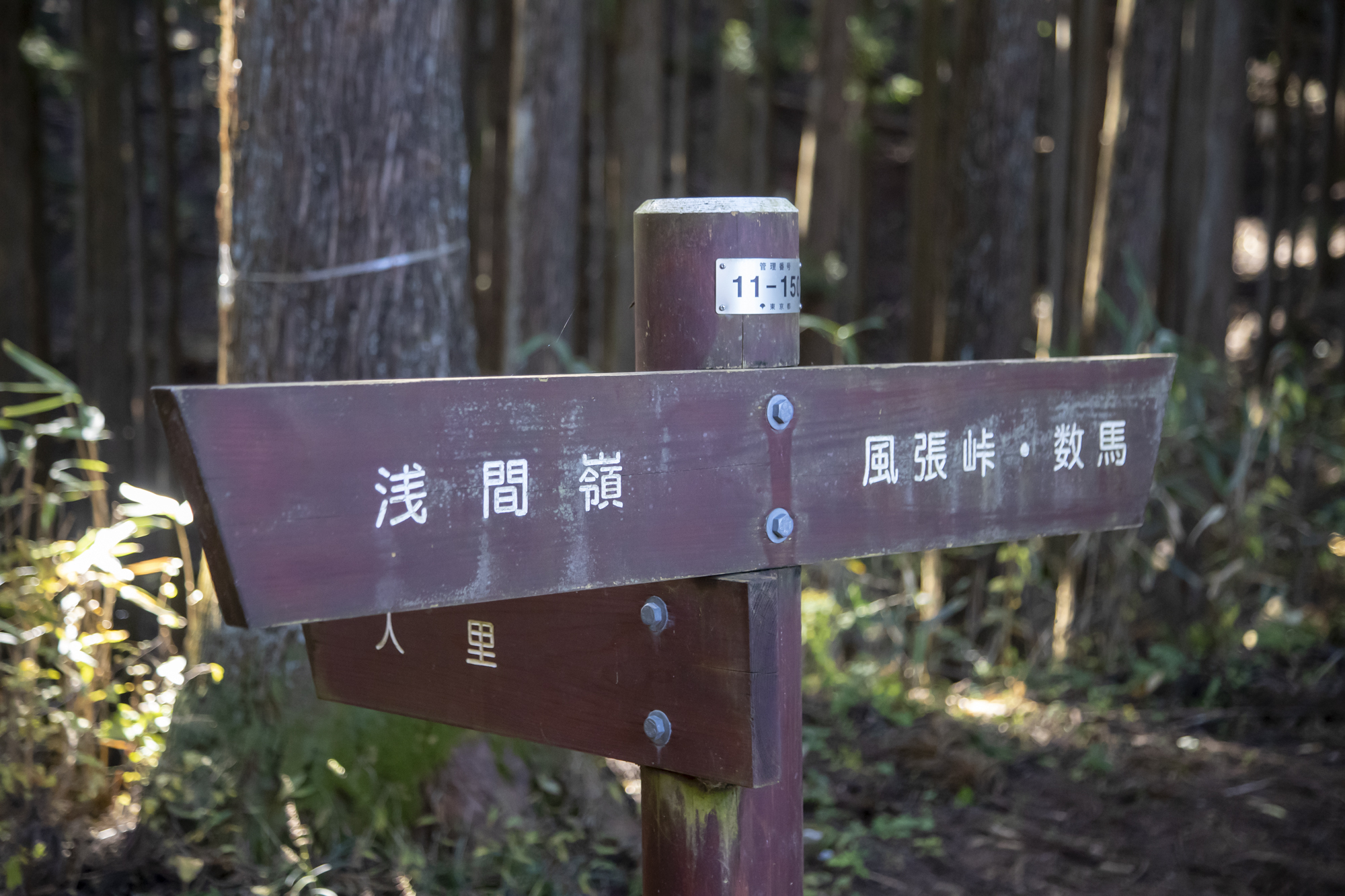 看板「左手前：浅間嶺、左奥：人里、右奥：風張峠、数馬」