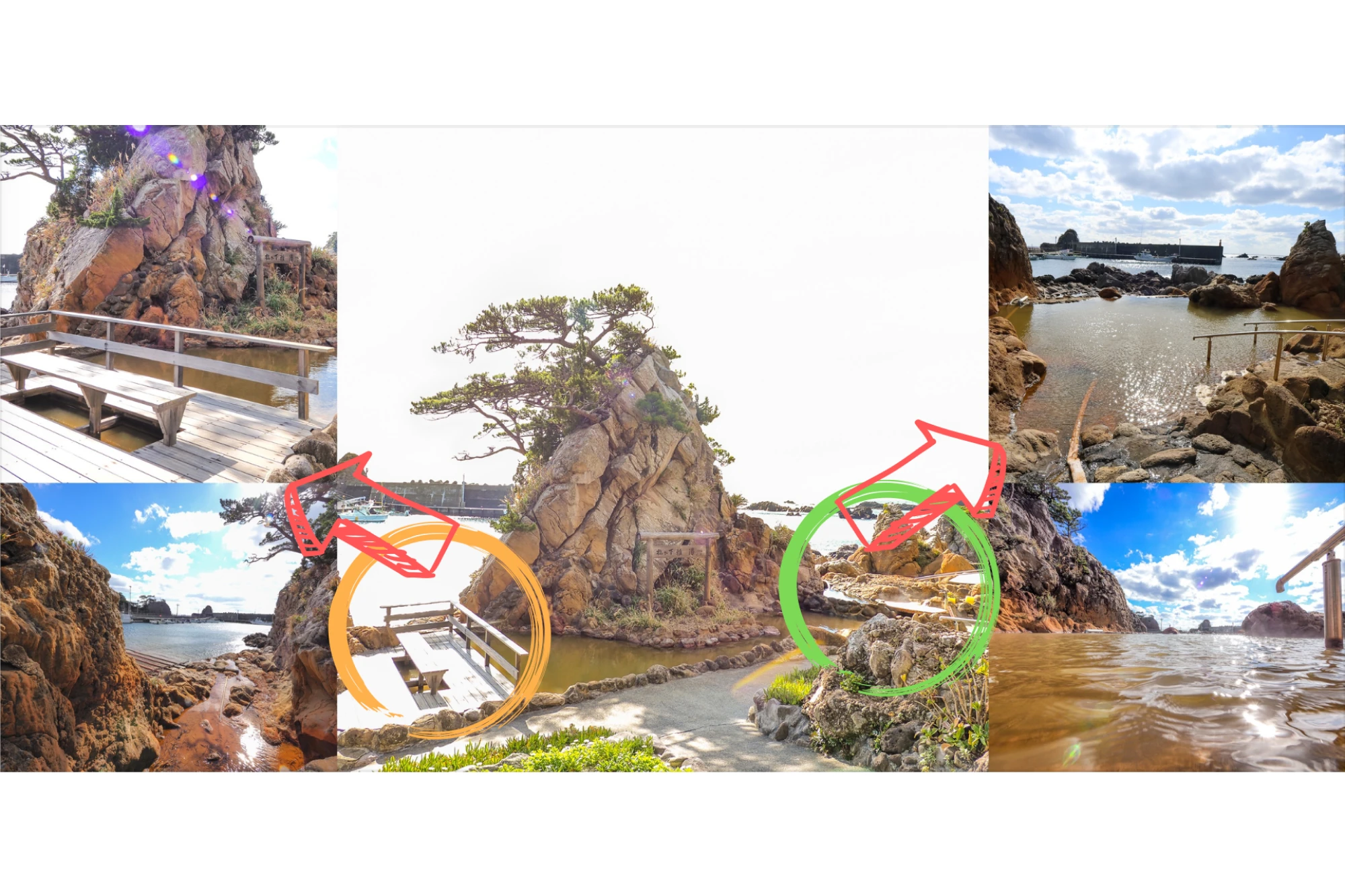 正面と、向かって左側は、主に足湯向けの浅い湯処。右側は、肩まで疲れる深めの湯処