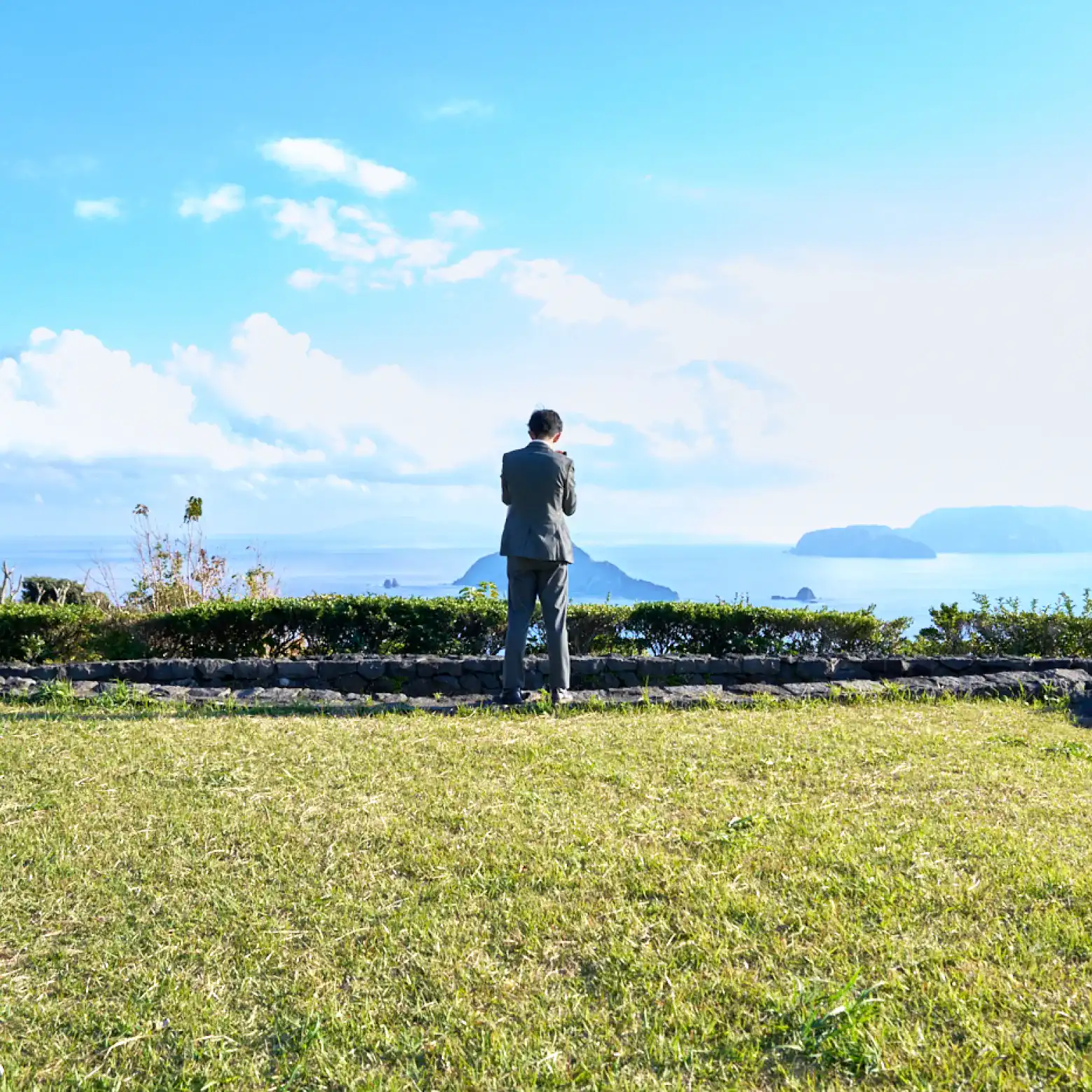 南ヶ山園地の展望台からの景色を見るスーツさん