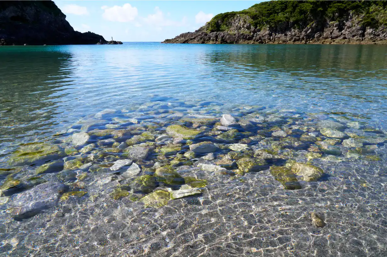 水の透明度に驚かされる泊海水浴場の波打ち際